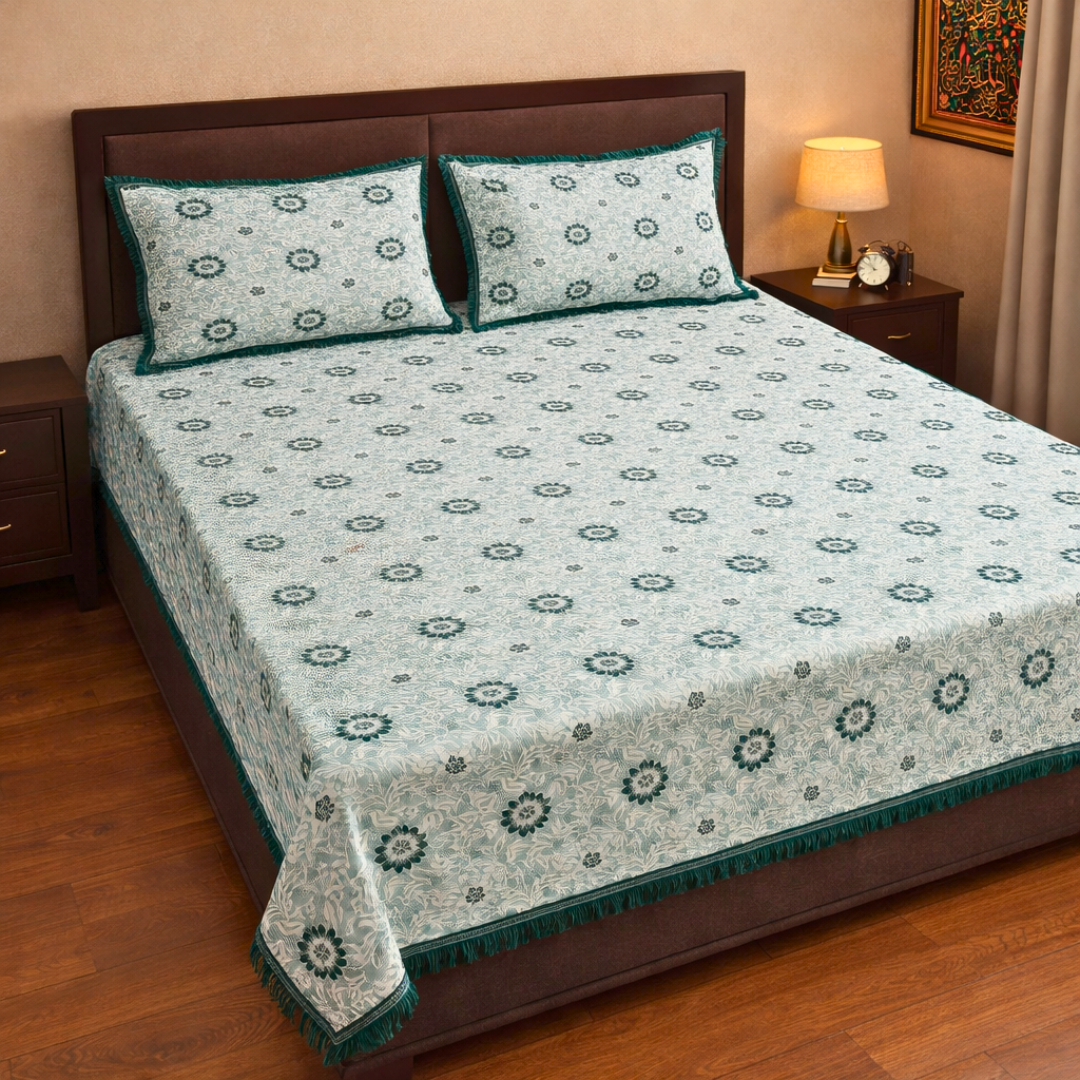 Allover Floral Multani Bed Sheet – Emerald Green Classic Design