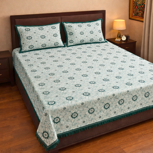 Allover Floral Multani Bed Sheet – Emerald Green Classic Design