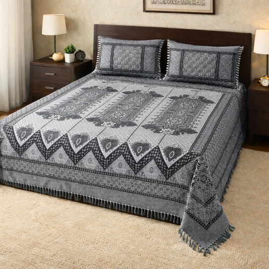 Ghulab Classic Grey & Black-3 Large Motifs-Multani Bed Sheet Set