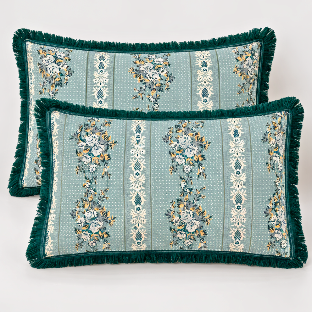 Floral Stripe Multani Bed Sheet – Emerald Green Classic Design