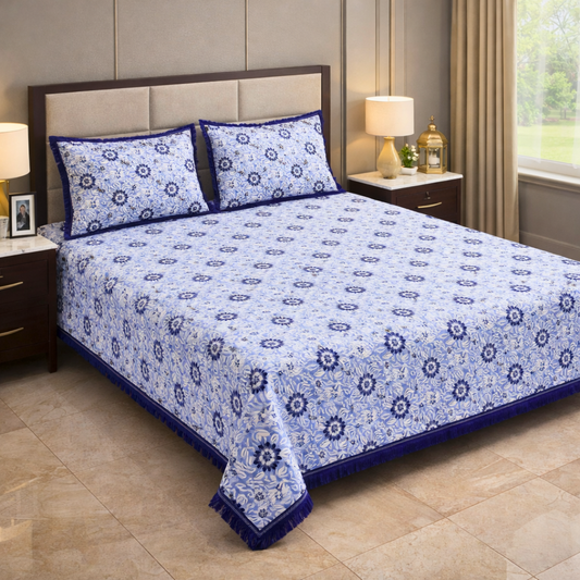 Allover Floral Multani Bed Sheet – Blue Classic Design
