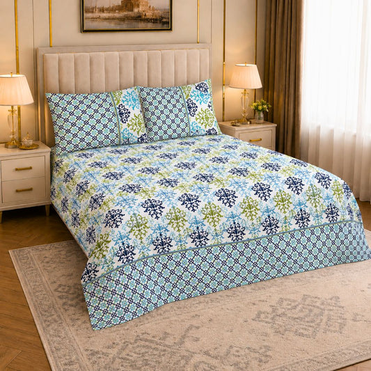 Aqua Floral Fusion Soft Cotton Printed Bedsheet Set