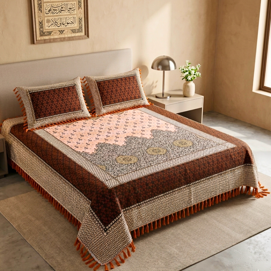 Classic Orange Multani Bedsheet – Central Mehrab Pattern