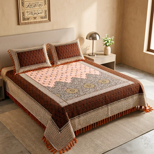 Classic Orange Multani Bedsheet – Central Mehrab Pattern