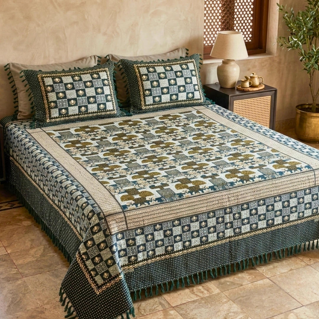 Classic Grey Multani Bedsheet – Central Floral Bouquet Pattern