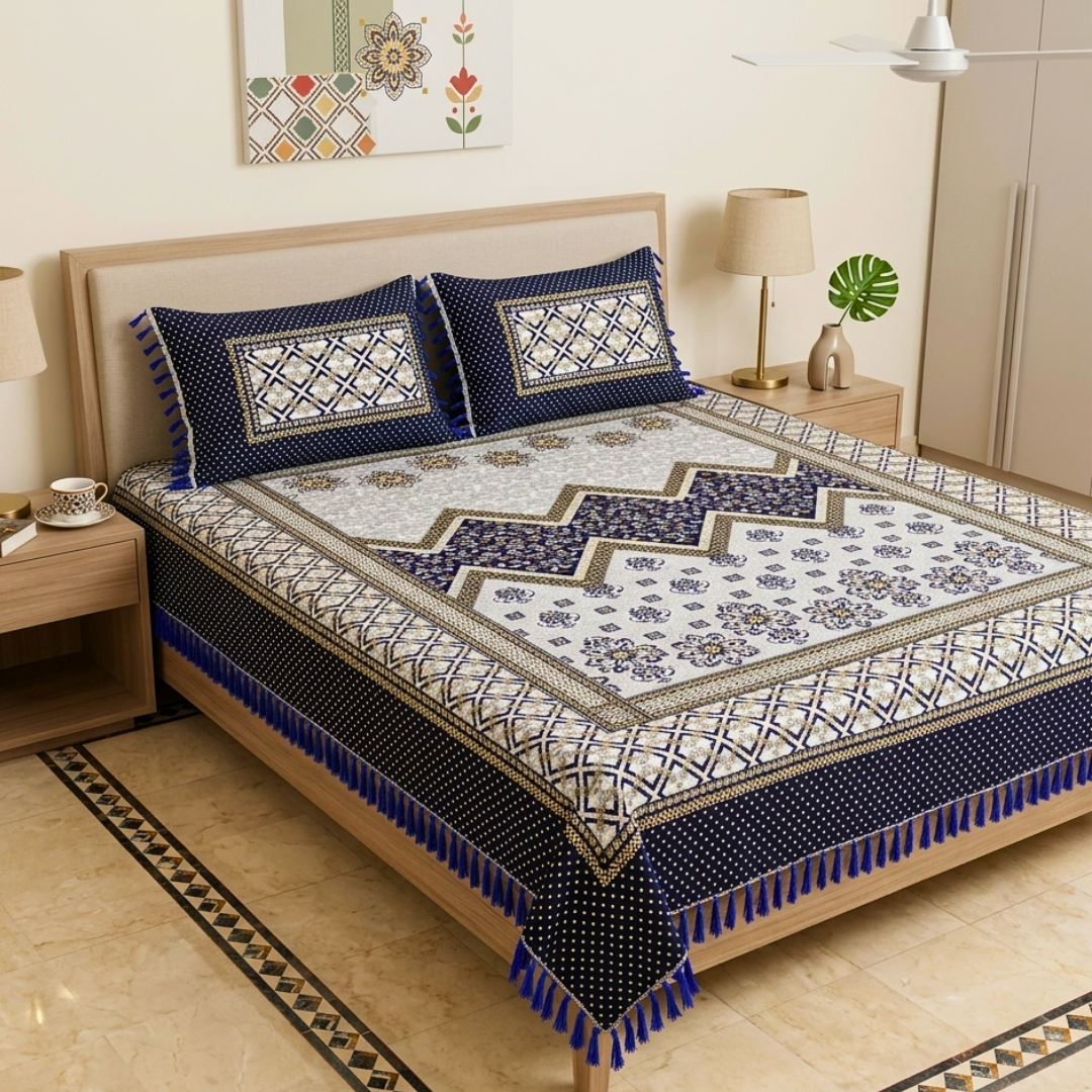 Classic Blue Multani Bedsheet – Central Zigzag Pattern
