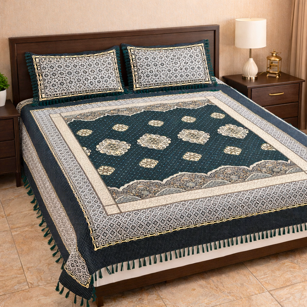 Traditional Emerald Green Multani Bedsheet – Diamond Floral Pattern