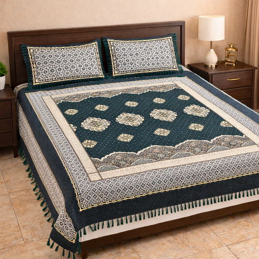 Traditional Emerald Green Multani Bedsheet – Diamond Floral Pattern