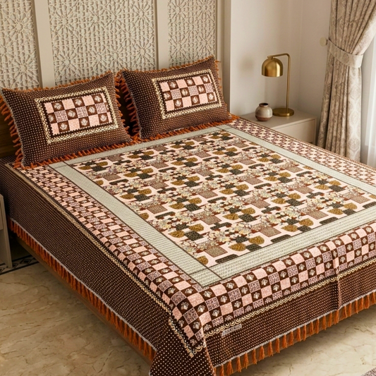 Classic Orange Multani Bedsheet – Central Floral Bouquet Pattern
