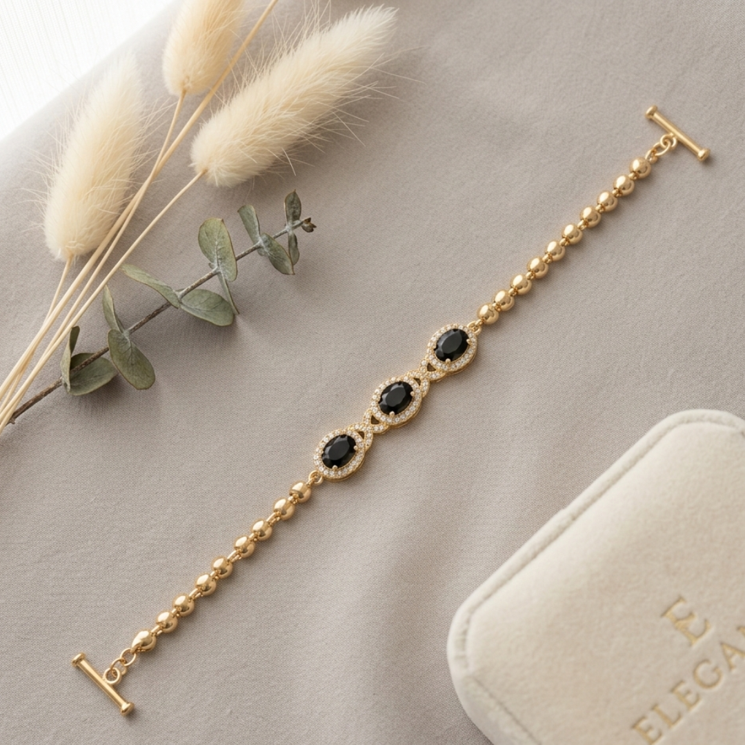 Gold Black Stone Halo Crystal Bracelet