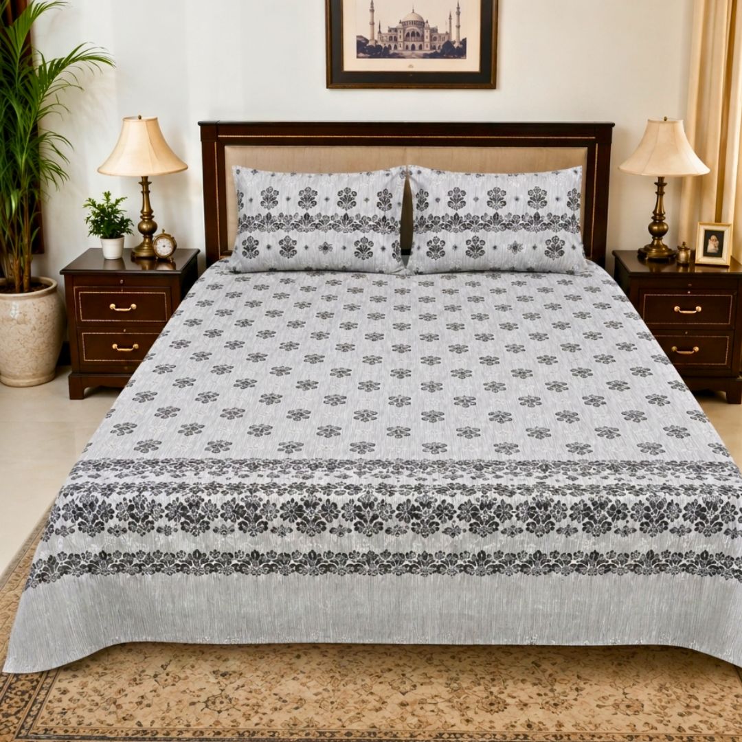 Silver Damask Soft Cotton Printed Bedsheet Set