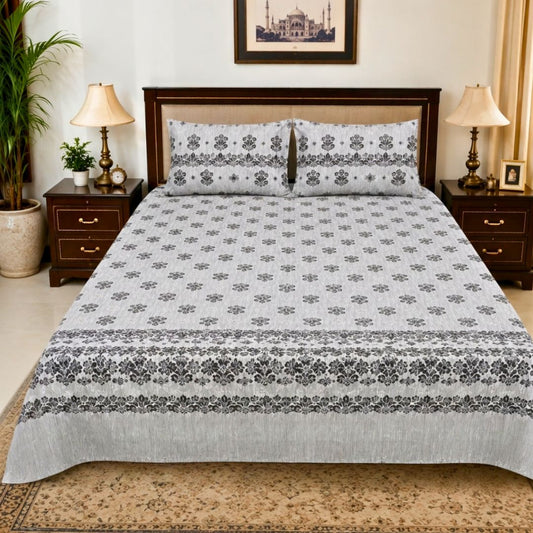 Silver Damask Soft Cotton Printed Bedsheet Set