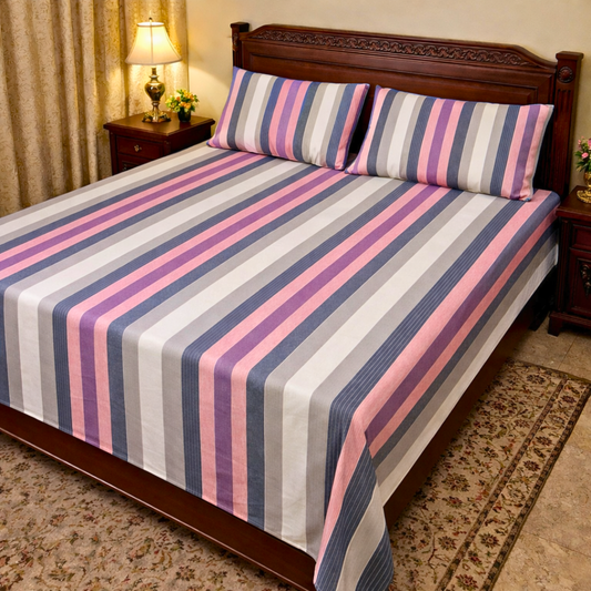 KT Cotton Double Bed Bedsheet-Elegant Multicolor Stripes