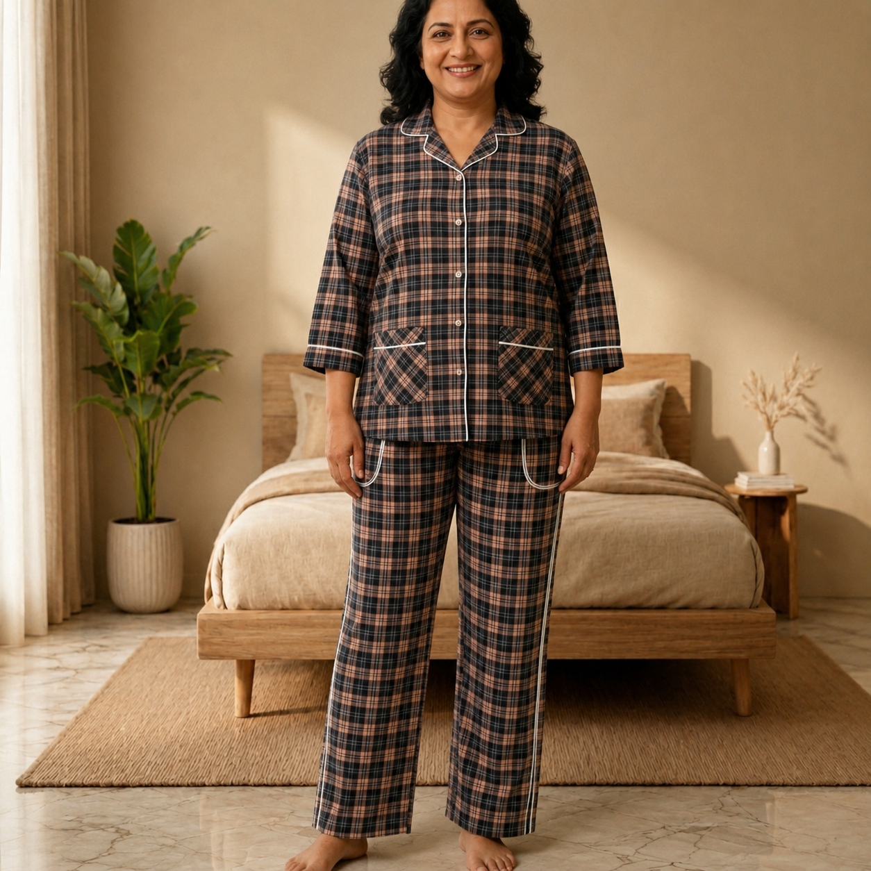Women’s Black & Dusty Rose Checkered Cotton Pajama Set