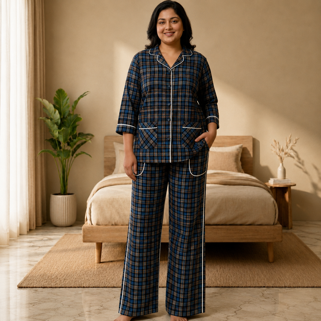 Women’s Blue & Brown Checkered Cotton Pajama Set