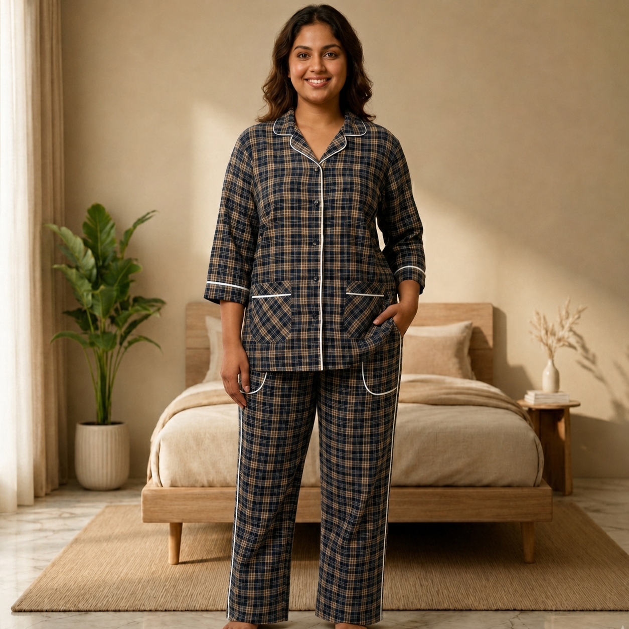 Women's Navy Checkered Cotton Pajama Set