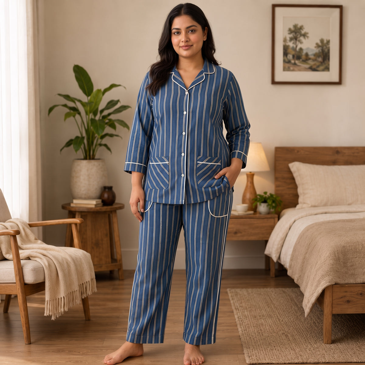 Women’s Premium Blue Vertical Stripes Night Suit & Loungewear