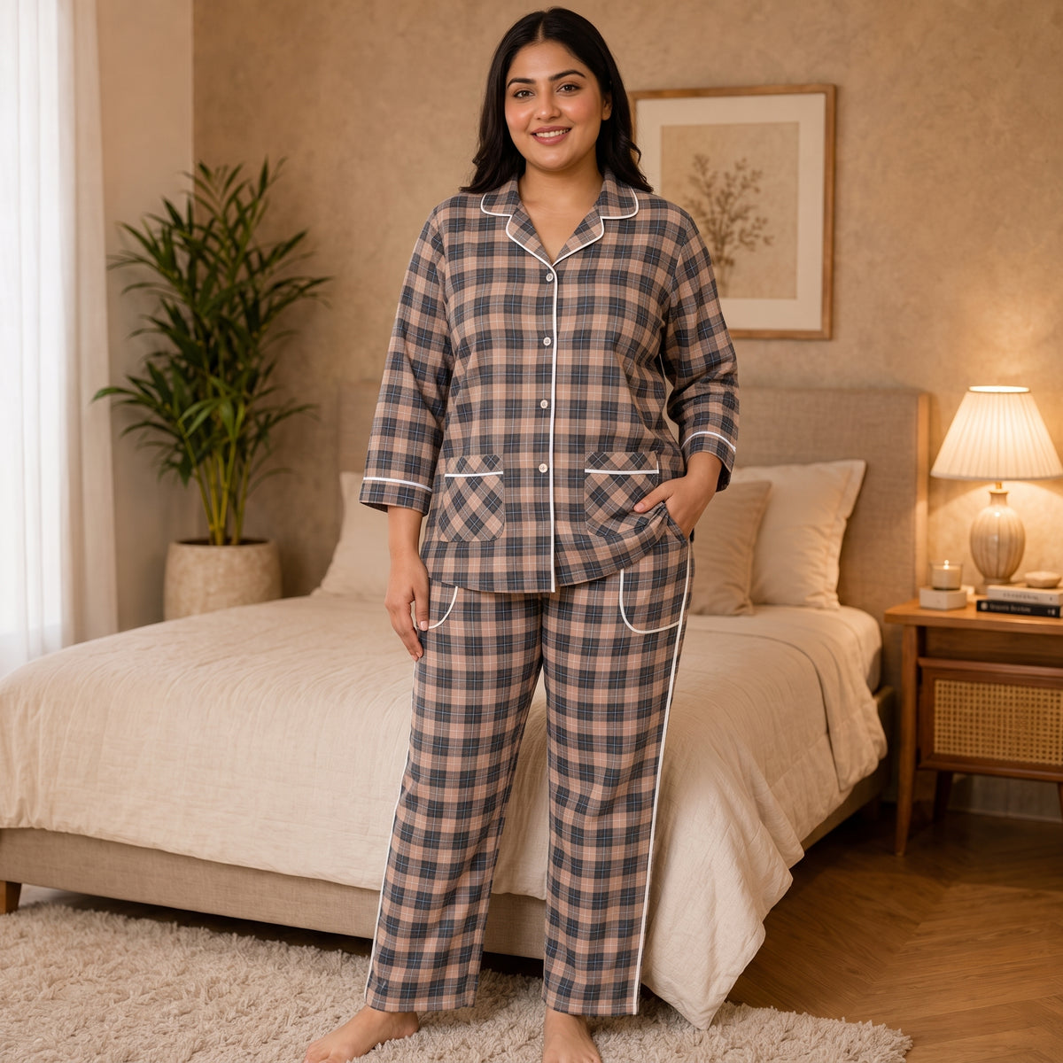 Women’s Brown & Grey Checkered Night Suit & Loungewear