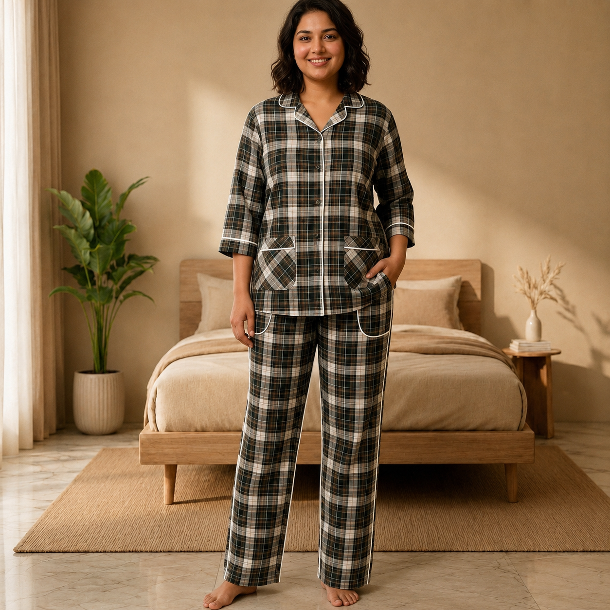 Women's Black & White Checkered Cotton Pajama Set
