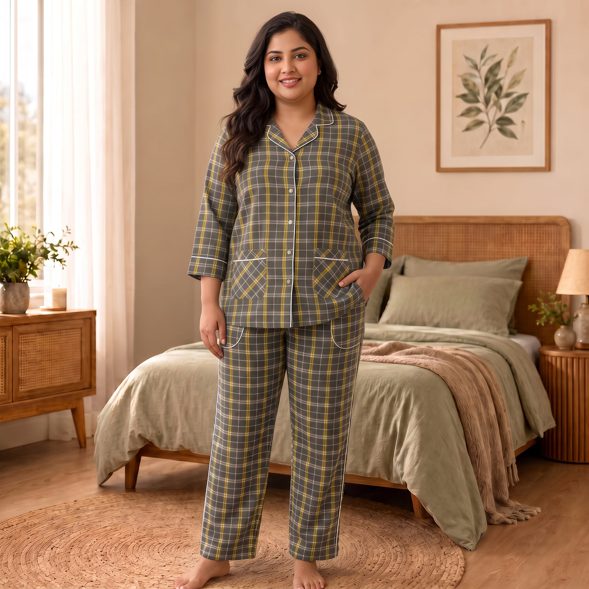 Women’s Grey & Yellow Checkered Night Suit & Loungewear