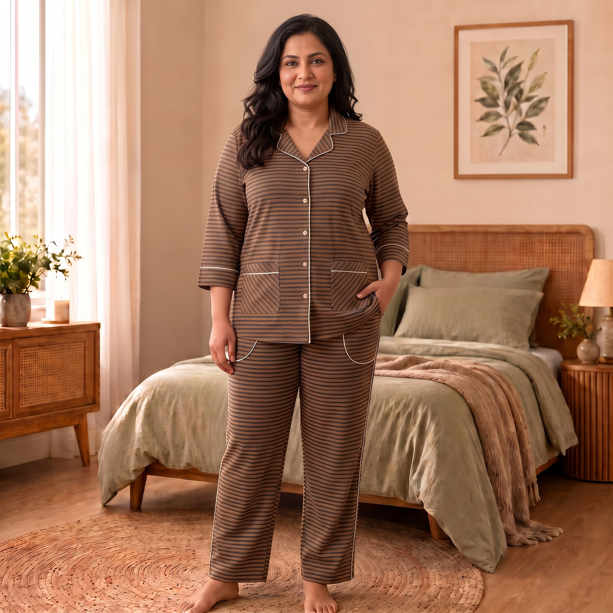 Women’s Premium Brown & Black Striped Night Suit & Loungewear