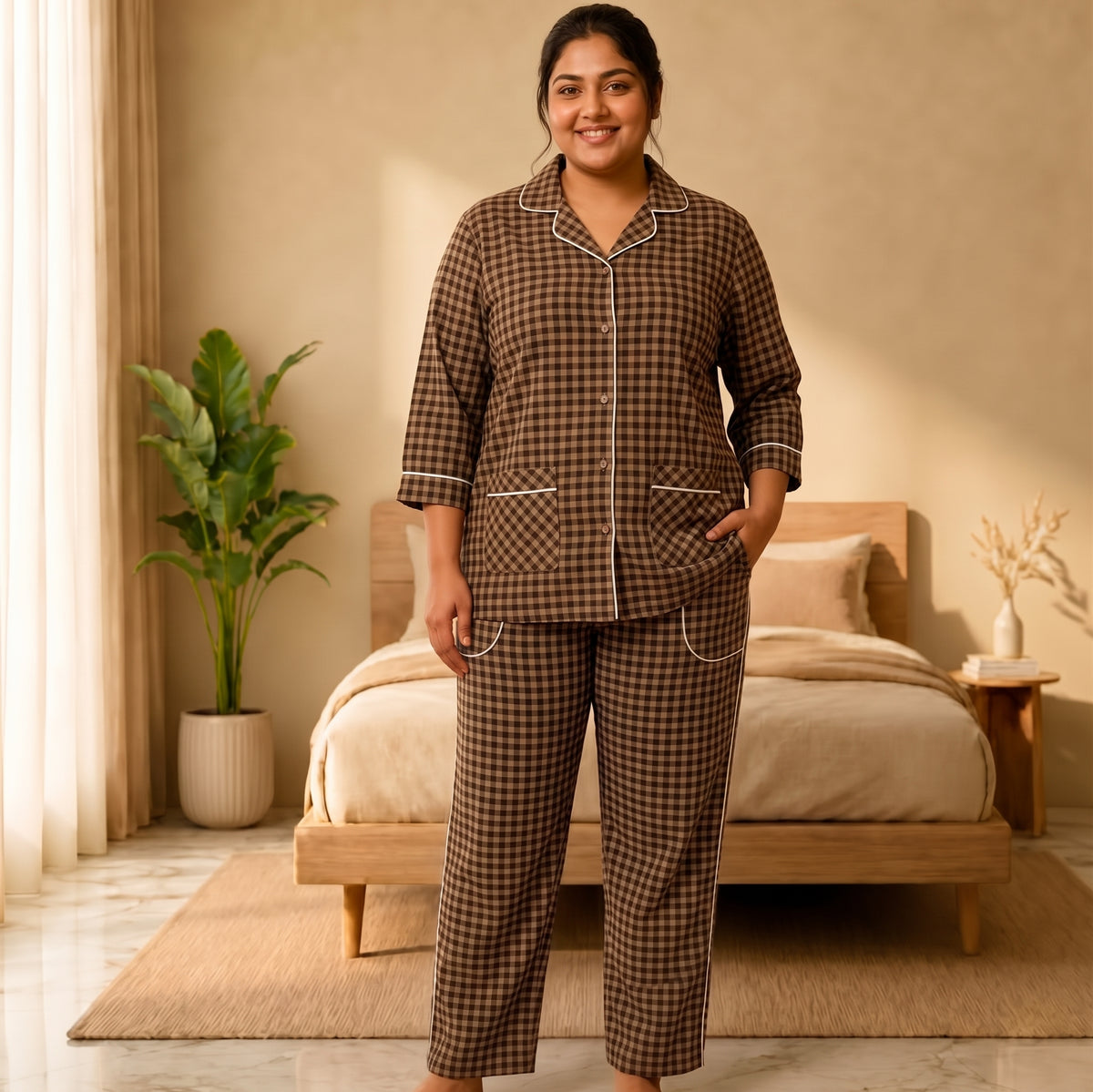 Women’s Camel Brown & Black Checkered Night Suit & Loungewear