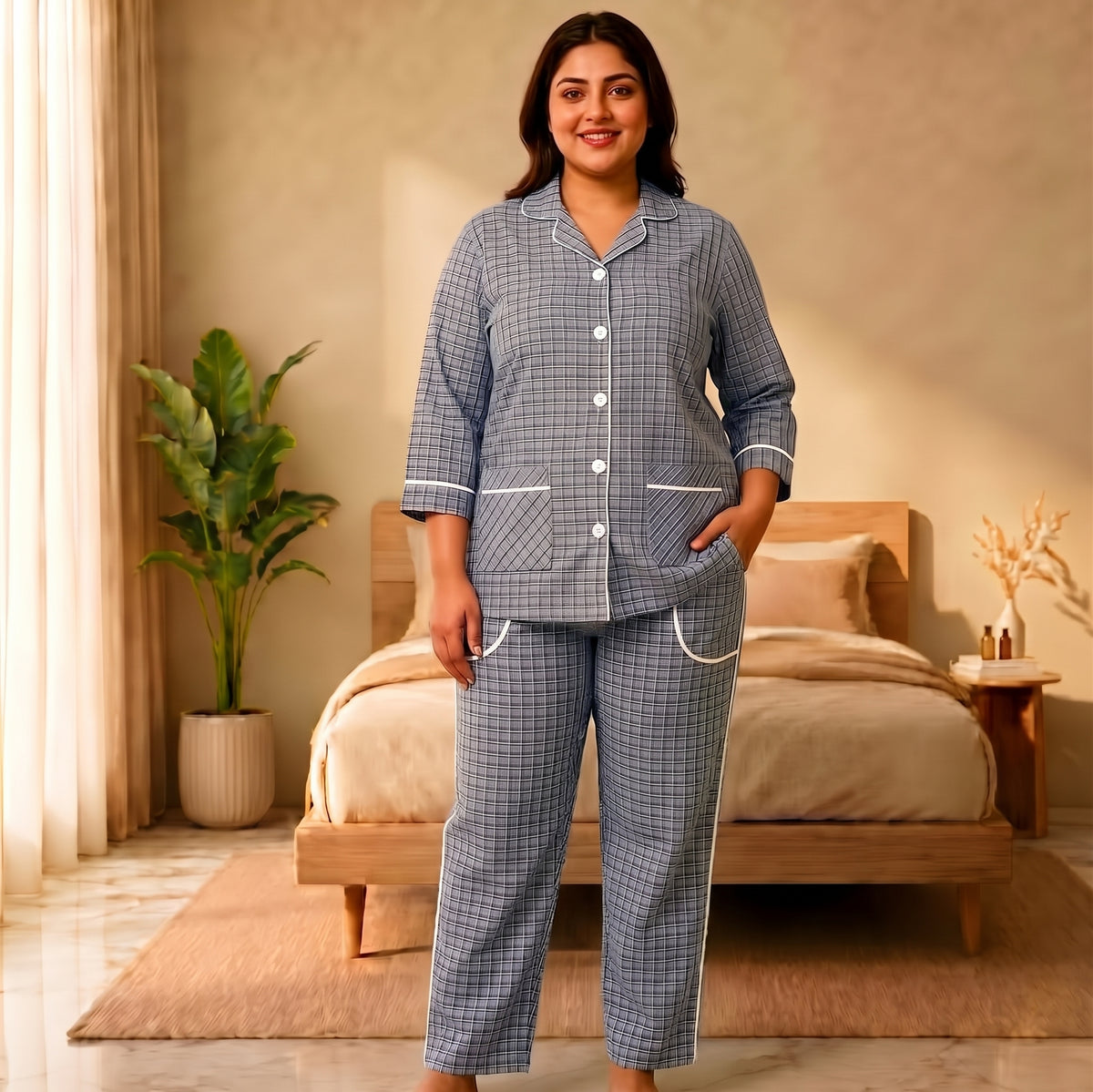 Women’s Light Blue & Navy Checkered Cotton Night Suit & Loungewear