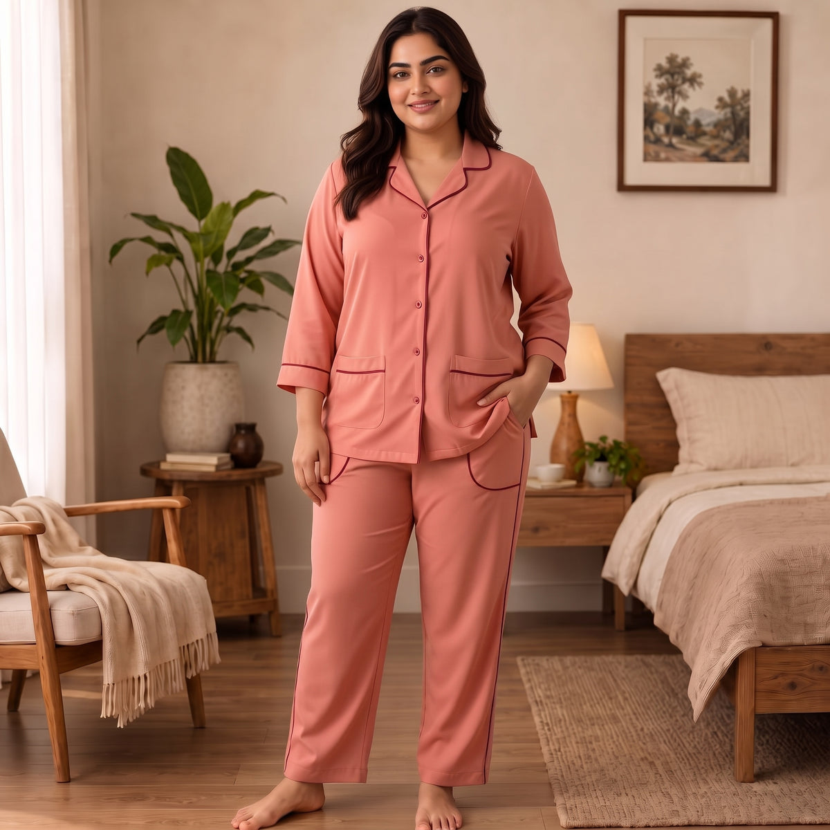 Women’s Premium Soft Plain Peach Night Suit & Loungewear