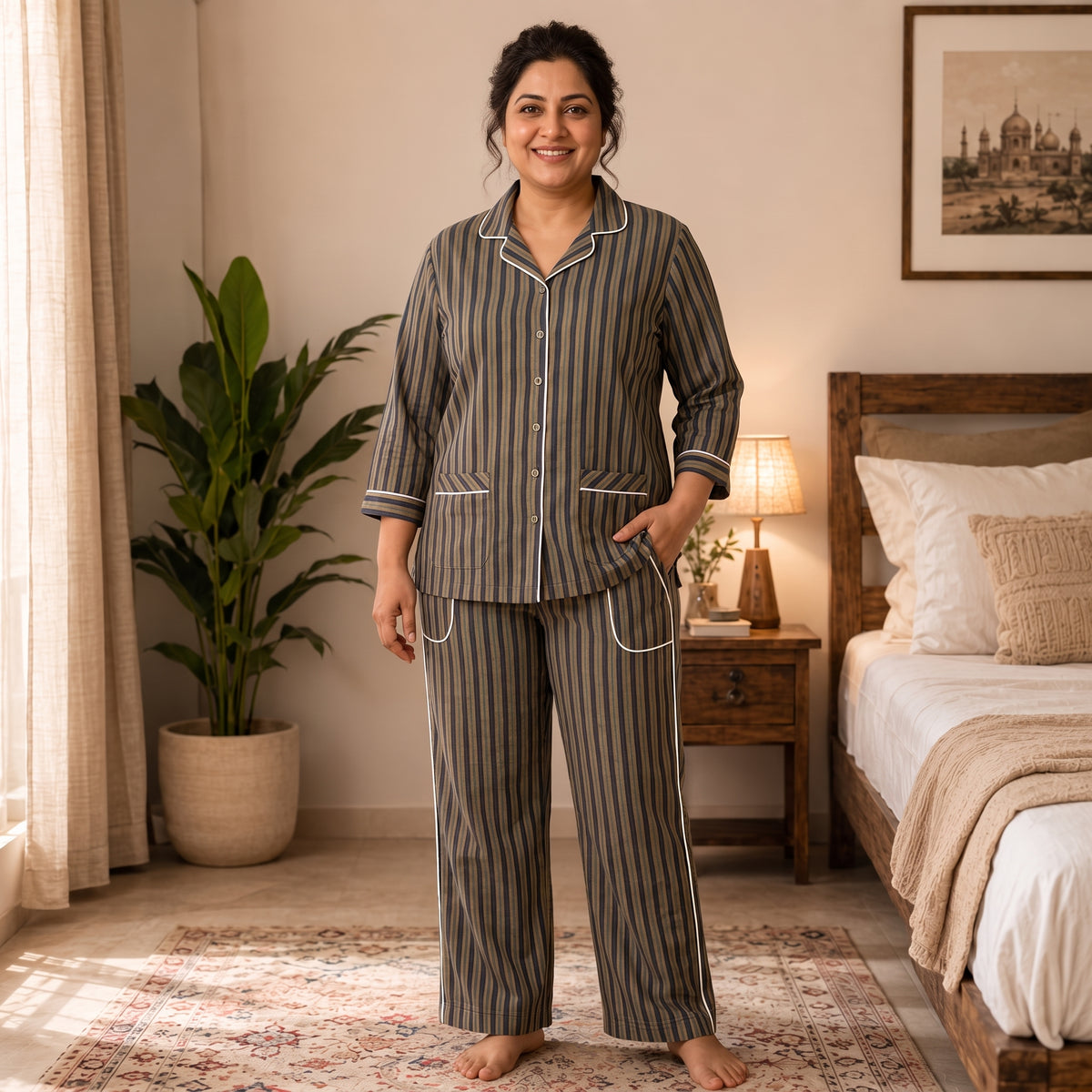 Women’s Premium Navy Blue & Beige Stripes Night Suit & Loungewear