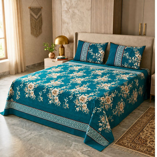 Azure Bloom Soft Cotton Printed Bedsheet Set